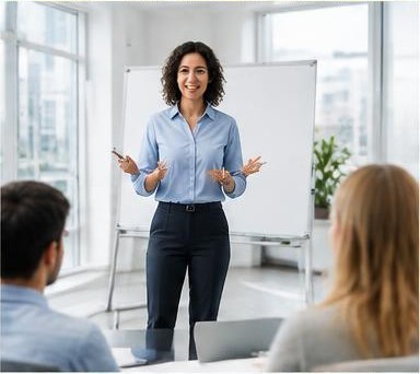 AI-generated instructor concept in a bright training room